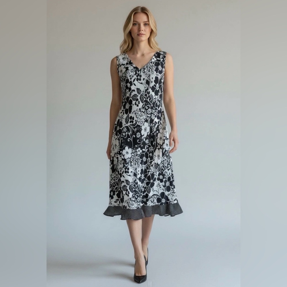 Y2K‎ Dress Black White Floral Slip Ruffle Flowy Forest Fairy Feminine 10P Large